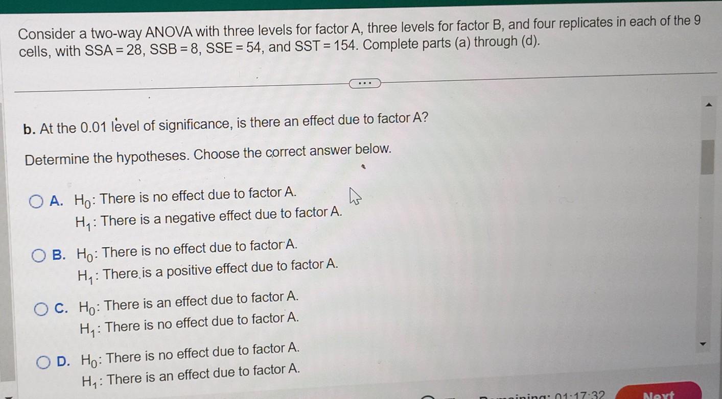 Solved Consider a two-way ANOVA with three levels for factor | Chegg.com