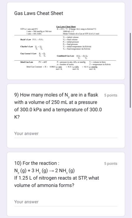 Solved Gas Laws Cheat Sheet 9 How Many Moles Of N2 Are In A 3124