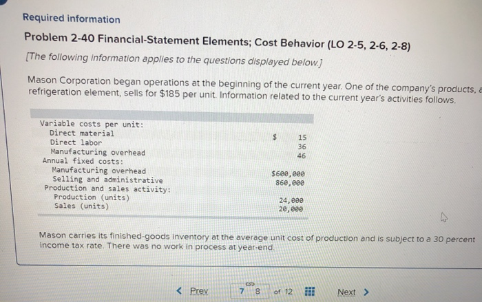 Required information problem 2-40 financial statement elements; cost behavior (lo 2-5, 2-6, 2-8) [the following information a