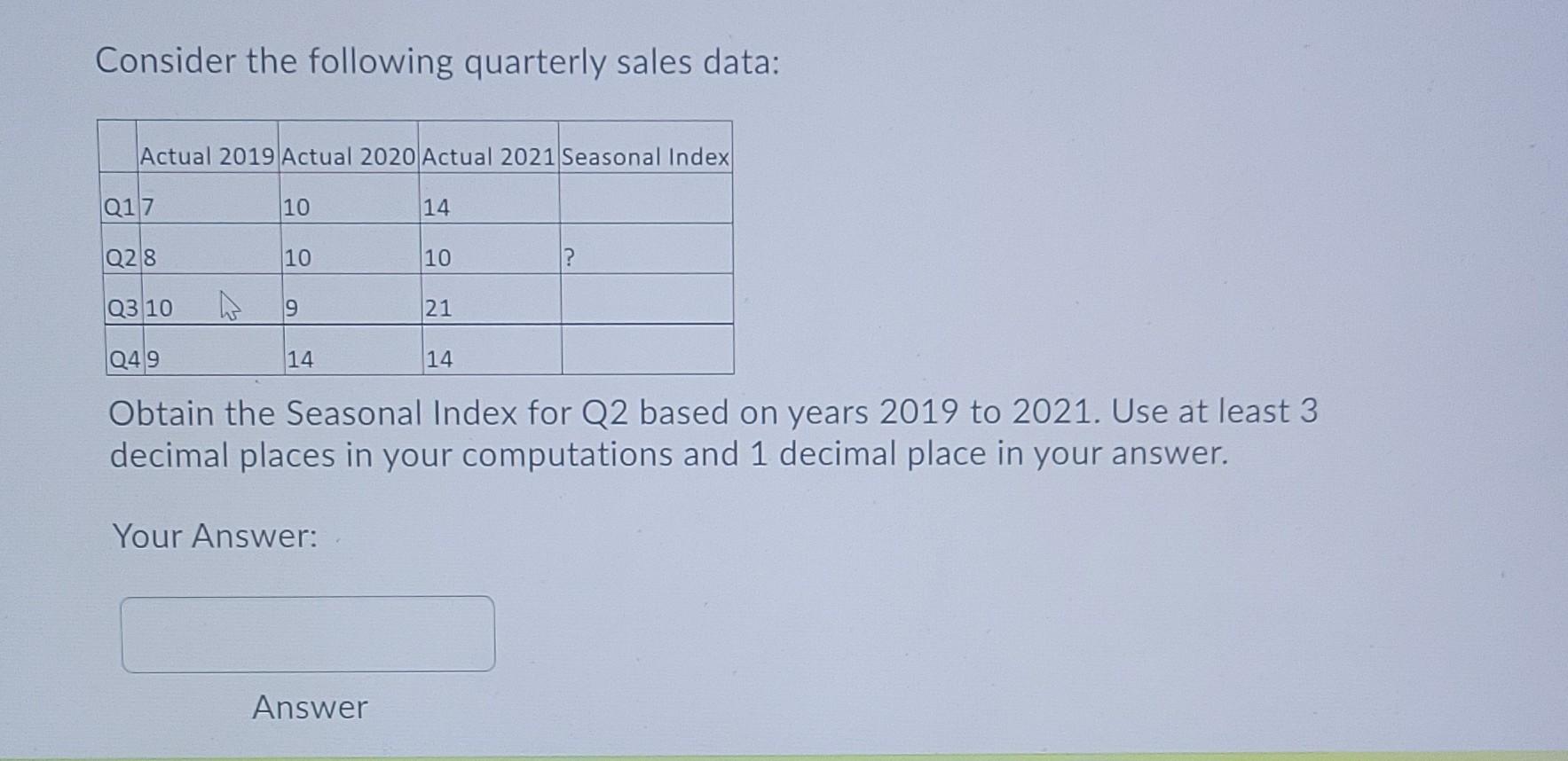Solved Consider the following quarterly sales data: Actual | Chegg.com