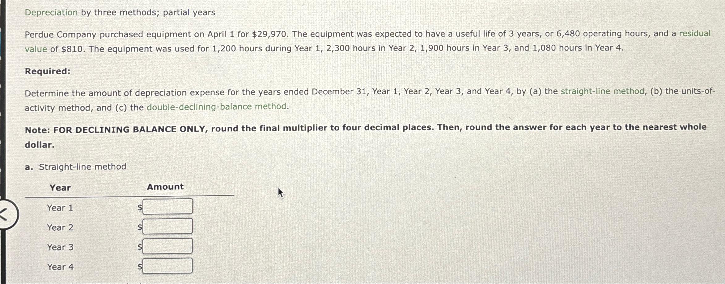 Solved Depreciation by three methods; partial yearsPerdue | Chegg.com