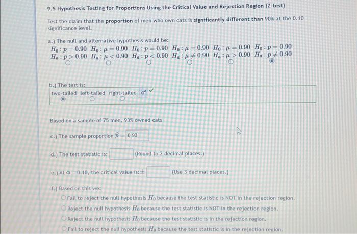 Solved 9.5 Hypothesis Testing for Proportions Using the | Chegg.com
