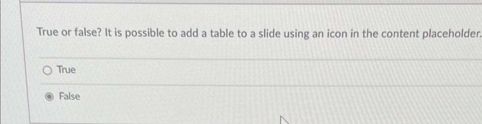 Solved True or false? It is possible to add a table to a | Chegg.com