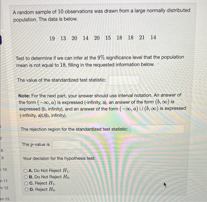 Solved A Random Sample Of 10 Observations Was Drawn From A | Chegg.com