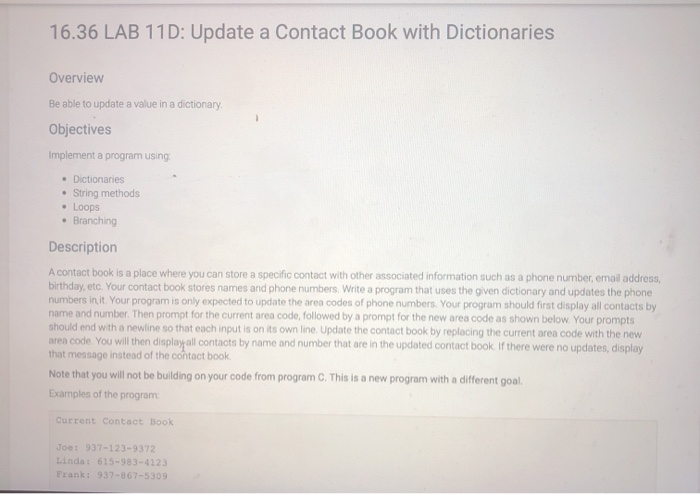 Solved 16 36 LAB 11D Update A Contact Book With Chegg