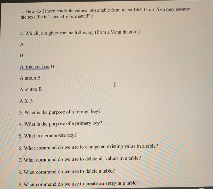 Solved 1. How do I insert multiple values into a table from | Chegg.com