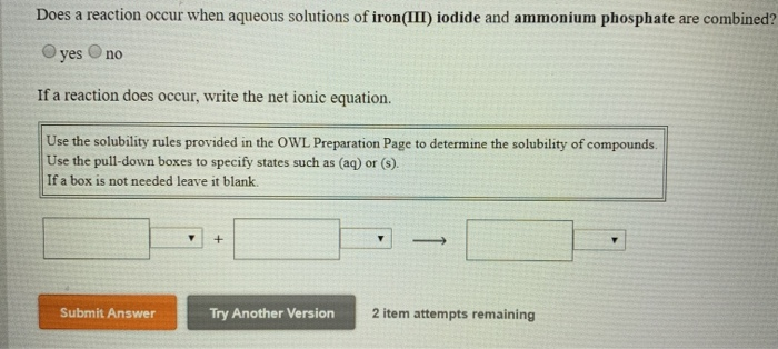 Solved Does A Reaction Occur When Aqueous Solutions Of 8207