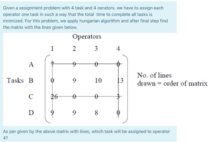 Solved Given a assignment problem with 4 task and 4 | Chegg.com