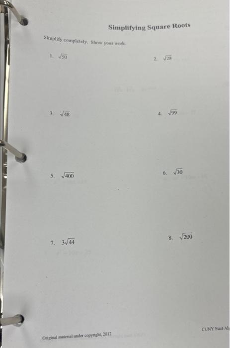 Solved Simplifying Square Roots Simplify completely. show | Chegg.com