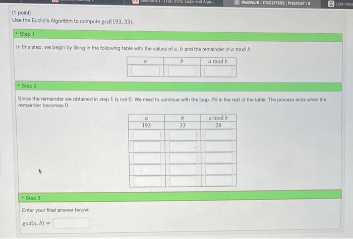 Solved (1 Point) Use The Euclid's Algorithm To Compute | Chegg.com