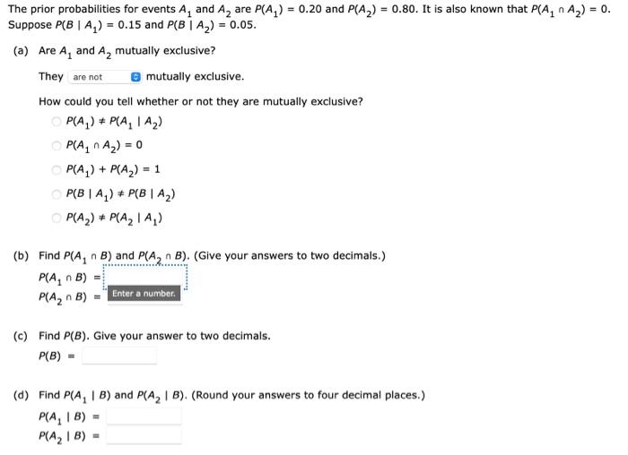 Solved The prior probabilities for events A1 and A2 are | Chegg.com