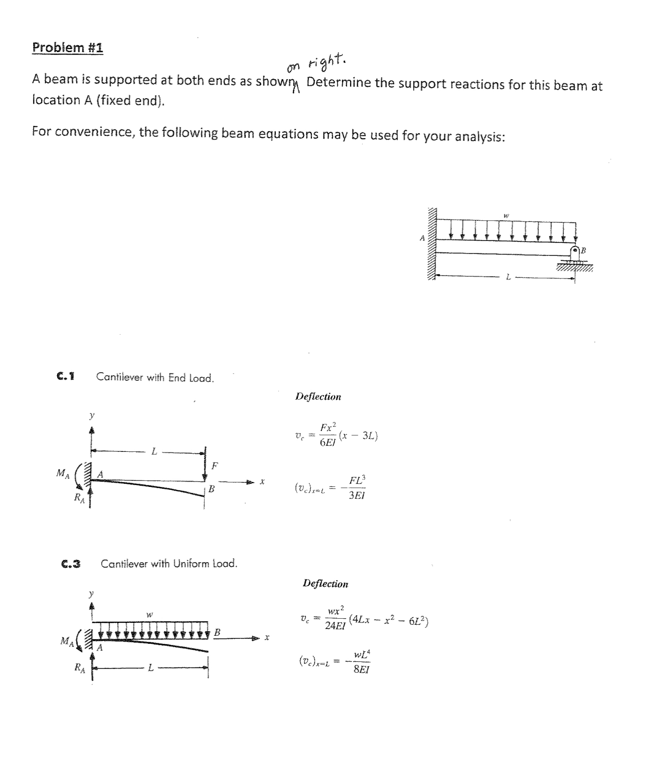 Problem #1on right.A beam is supported at both ends | Chegg.com