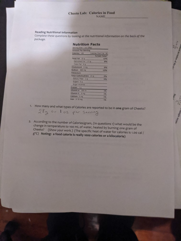 Cheeto Lab Calories in Food NAME Experiment Data