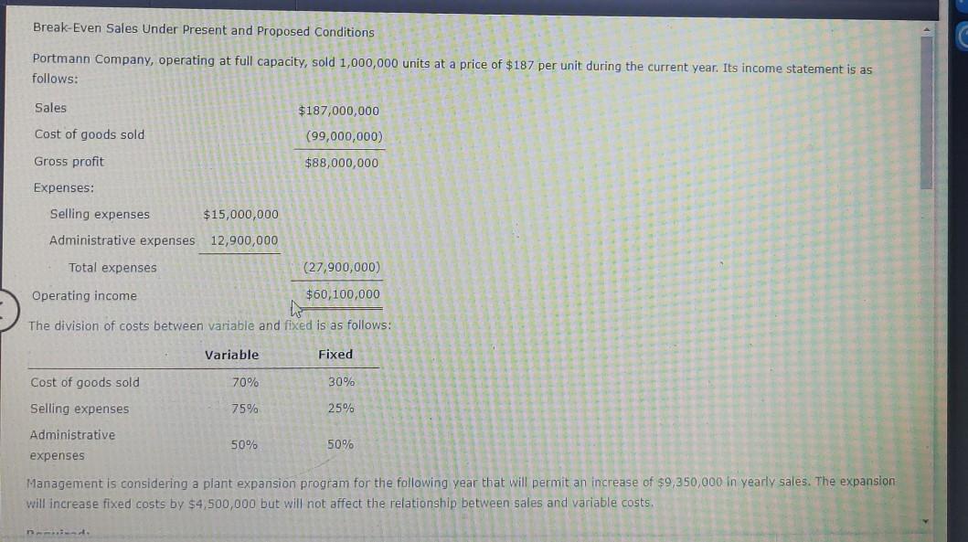Solved Break Even Sales Under Present And Proposed Chegg