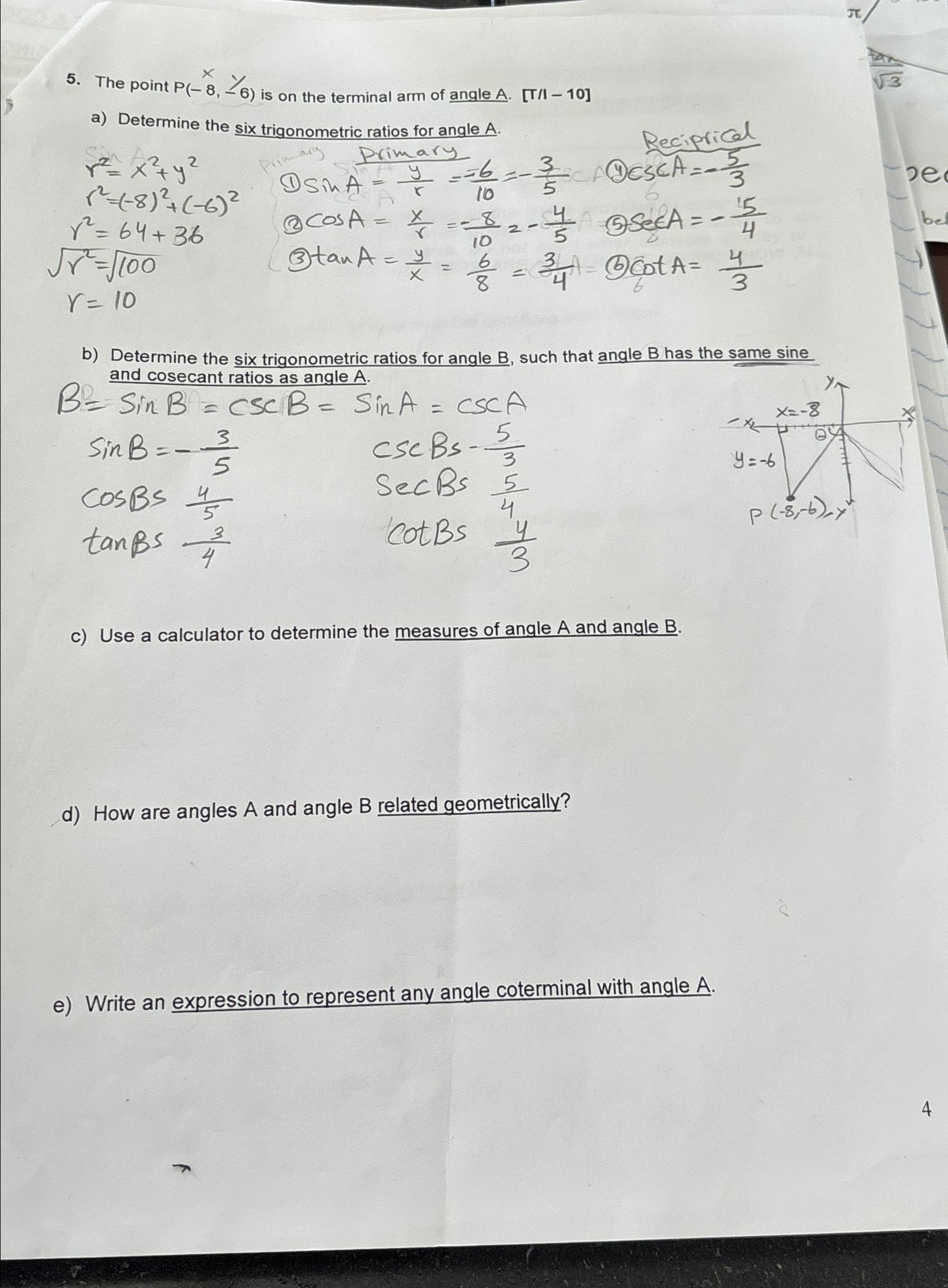 Solved The point P(-8,-6) ﻿is on the terminal arm of angle | Chegg.com