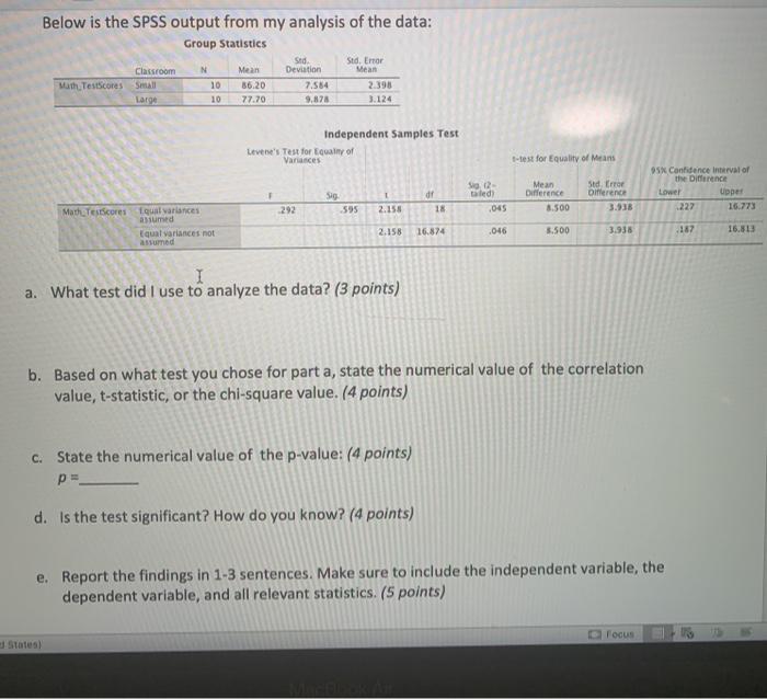Solved Below is the SPSS output from my analysis of the | Chegg.com