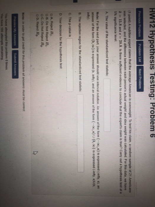 Solved HW12 Hypothesis Testing: Problem 6 Previous Problem | Chegg.com