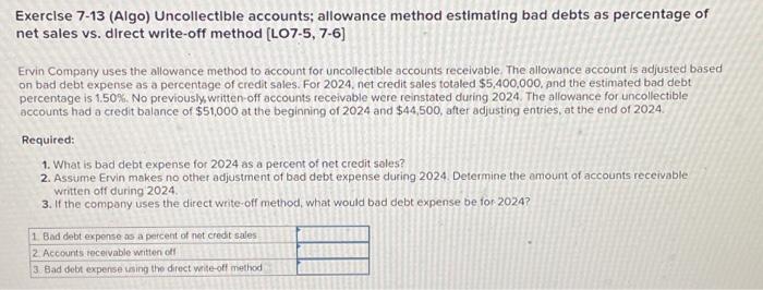 Solved Exerclse 7-13 (Algo) Uncollectible Accounts; | Chegg.com