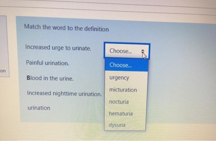 Match the word to the definition Increased urge to urinate. Choose... Painful urination. Choose... on Blood in the urine. urg