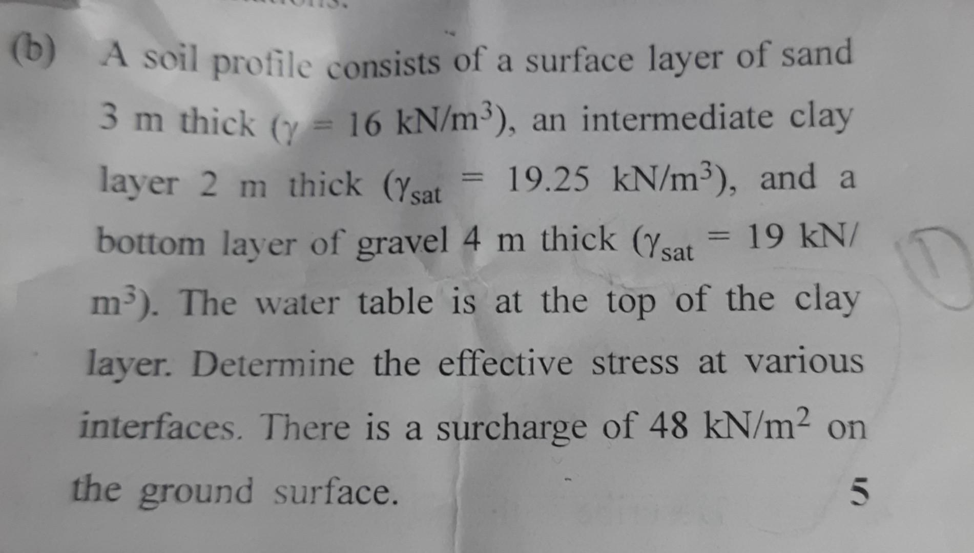 (b) A soil profile consists of a surface layer of sand \( 3 \mathrm{~m} \) thick \( \left(\gamma=16 \mathrm{kN} / \mathrm{m}^