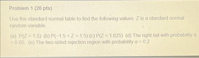 Solved Problem 1 (20 pts) Use the standard normal table to | Chegg.com