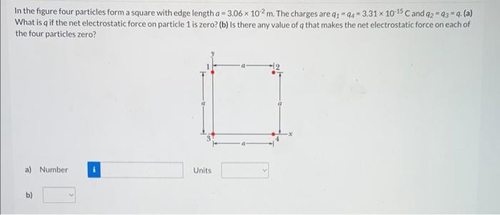 In the figure four particles form a square with edge length \( a=3.06 \times 10^{-2} \mathrm{~m} \). The charges are \( q_{1}