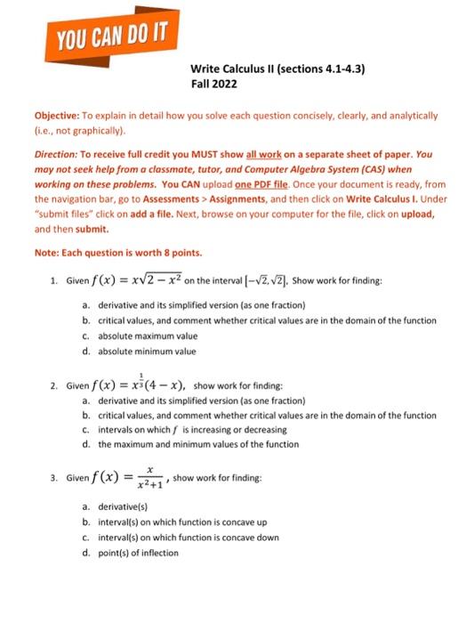 Solved Write Calculus II (sections 4.1-4.3) Fall 2022 | Chegg.com
