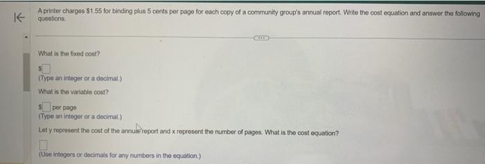 Solved A printer charges $1.55 for binding plus 5 cents per | Chegg.com