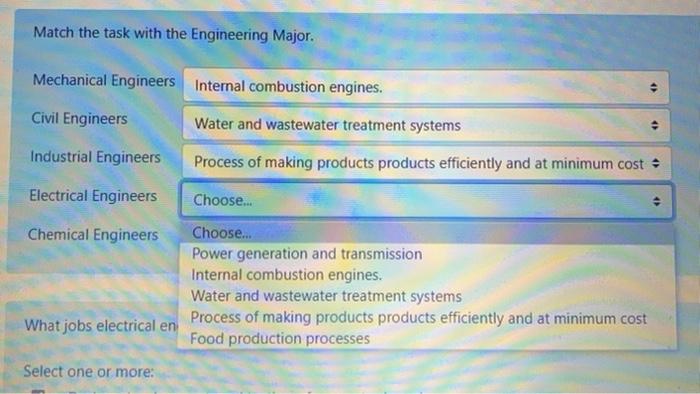 Solved Match the task with the Engineering Major. Mechanical | Chegg.com