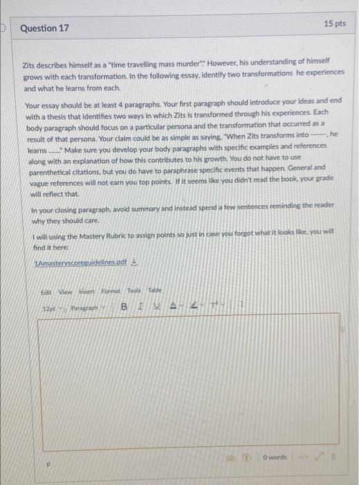 Solved Question 17 15 pts Zits describes himself as a "time