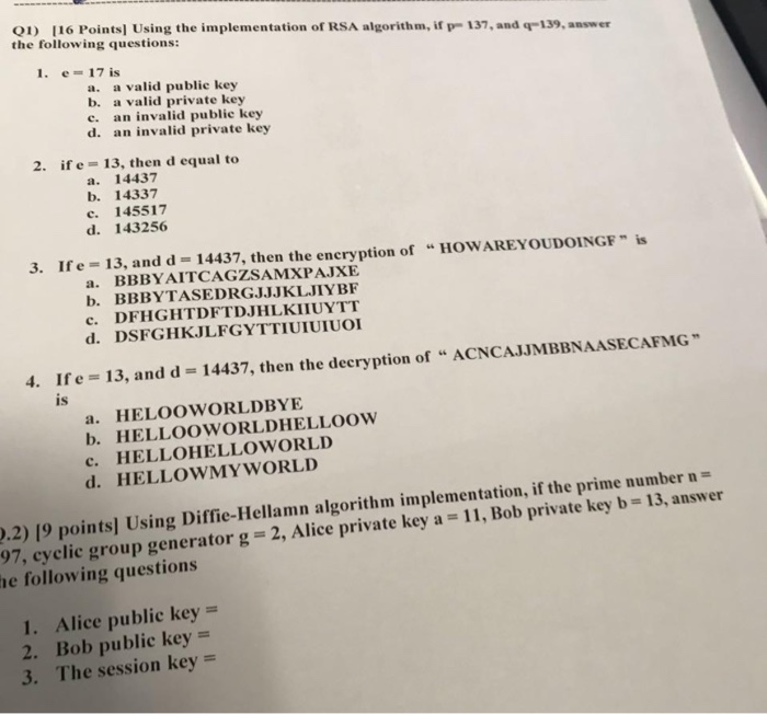 Solved 01) [16 Points Using the implementation of RSA | Chegg.com