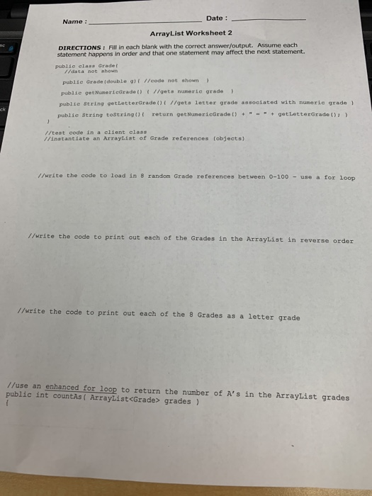 Solved Name : Date : ArrayList Worksheet 2 DIRECTIONS: Fill | Chegg.com