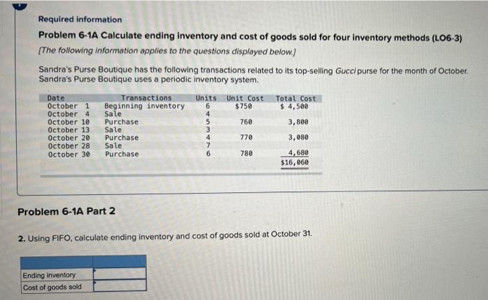 Solved Required Information Problem 6-1A Calculate Ending | Chegg.com