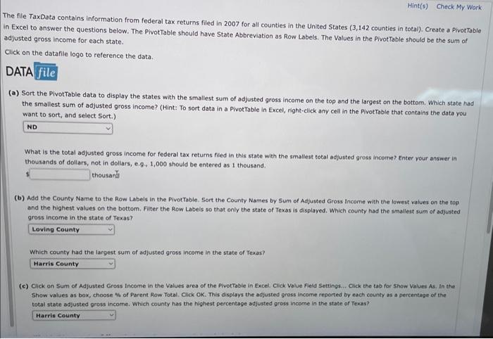 The file TaxData contains information from federal | Chegg.com