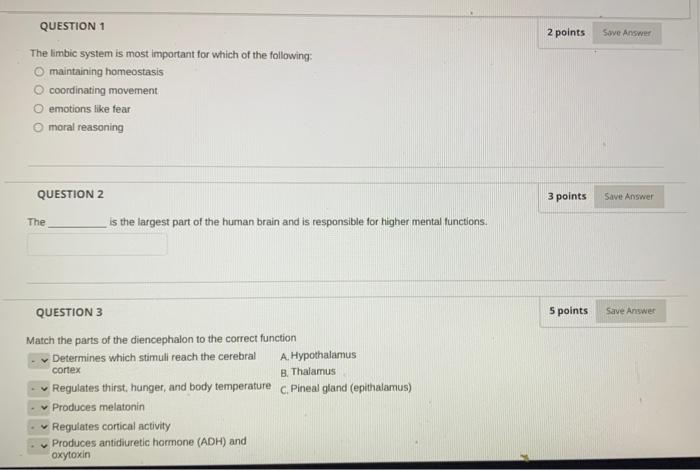 Solved 2 points Save Answer QUESTION 1 The limbic system is | Chegg.com