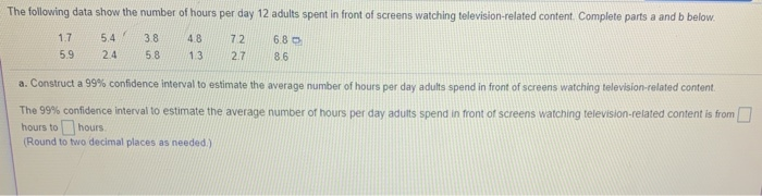 Solved The following data show the number of hours per day | Chegg.com