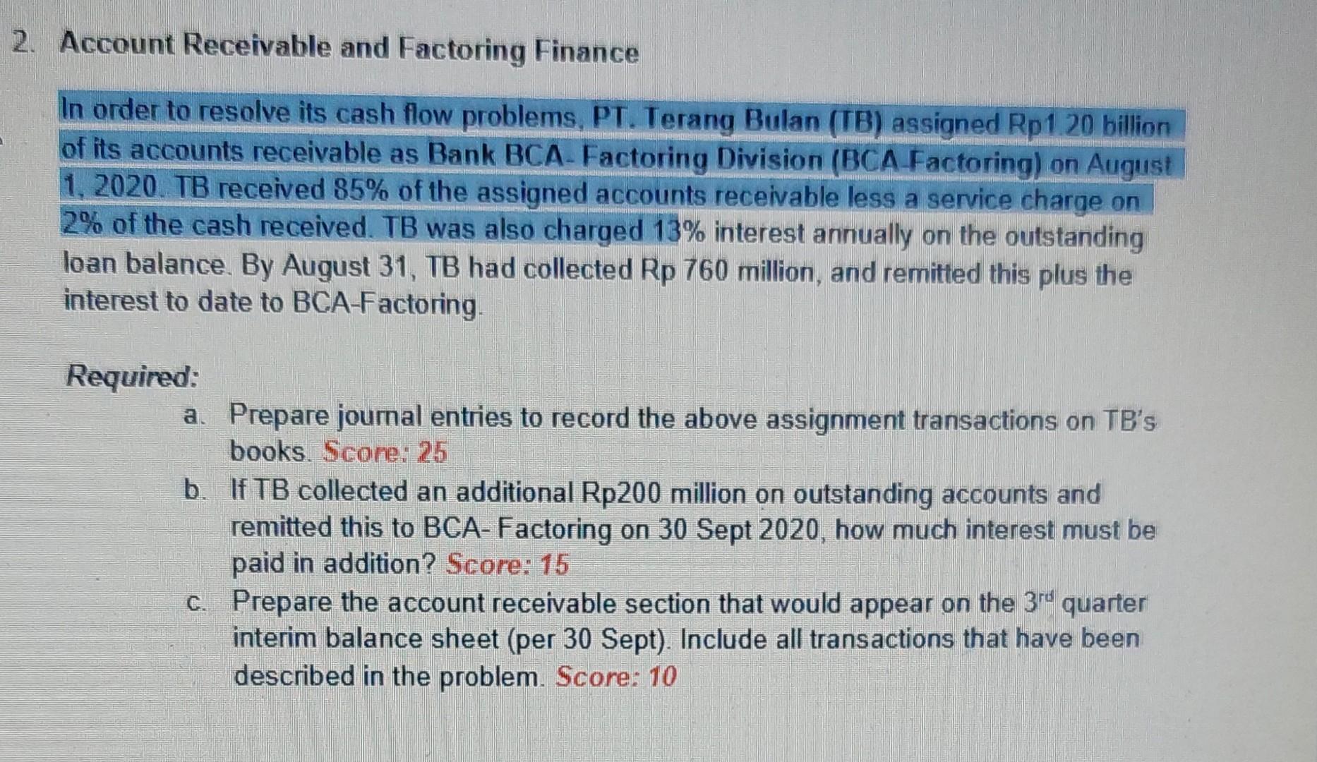 Solved 2. Account Receivable And Factoring Finance In Order | Chegg.com