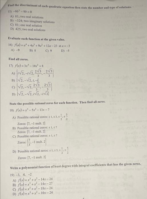 Solved Find the discriminant of each quadratic equation then | Chegg.com