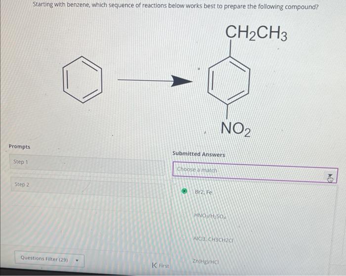 Starting with benzene, which sequence of reactions below works best to prepare the following compound?