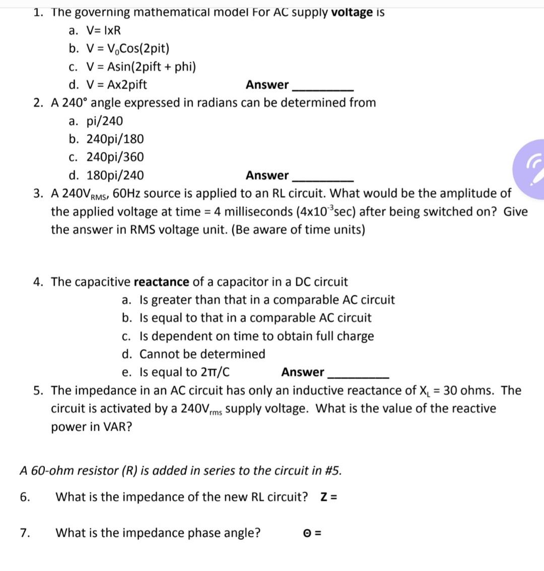 Solved 1. The governing mathematical model For AC supply | Chegg.com