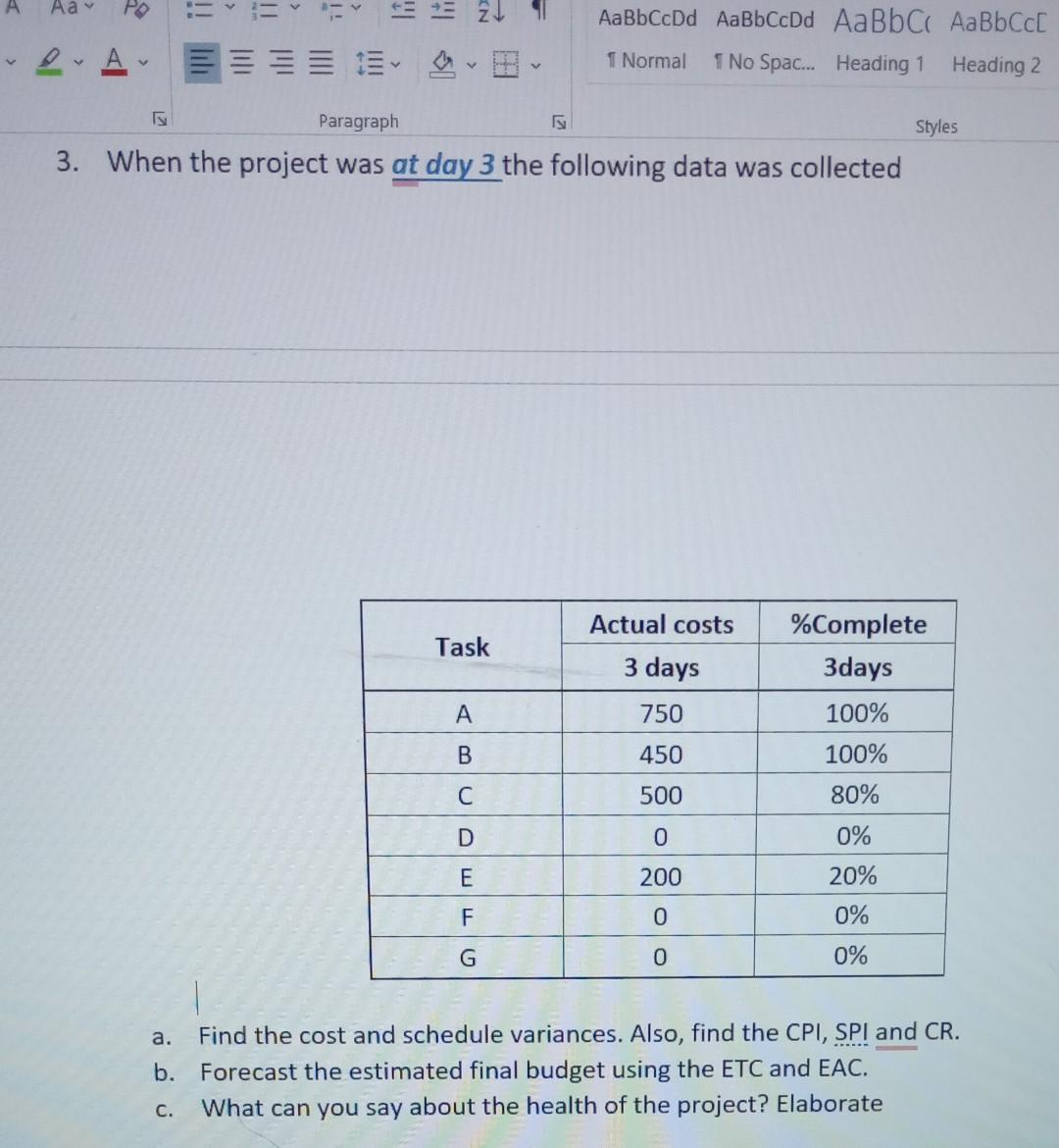 Solved 3. When the project was at day 3 the following data | Chegg.com