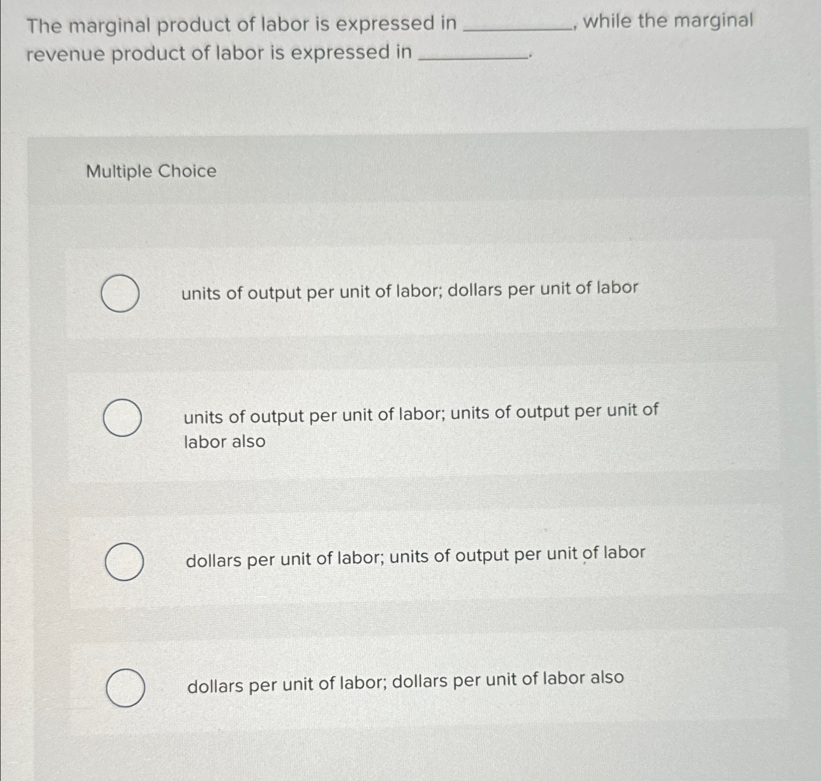 Solved The marginal product of labor is expressed in while | Chegg.com