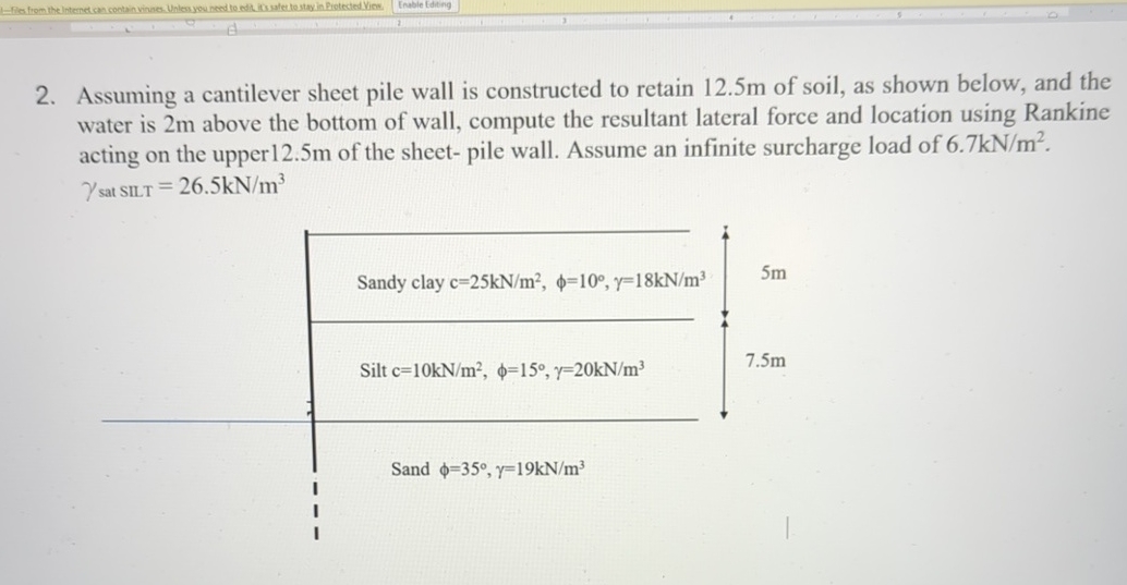 Solved Assuming a cantilever sheet pile wall is constructed | Chegg.com