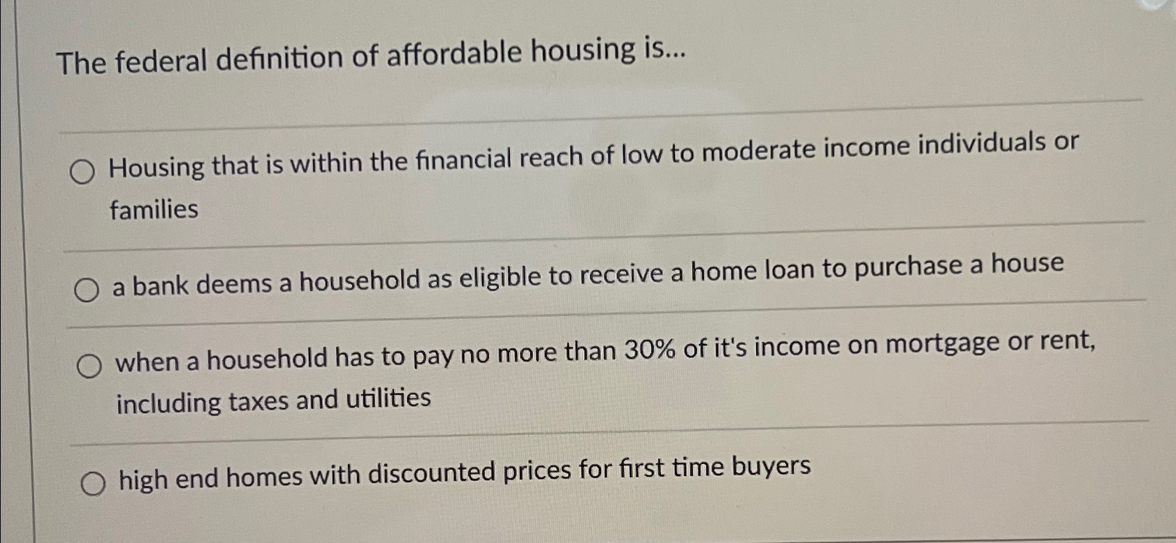 Solved The federal definition of affordable housing | Chegg.com