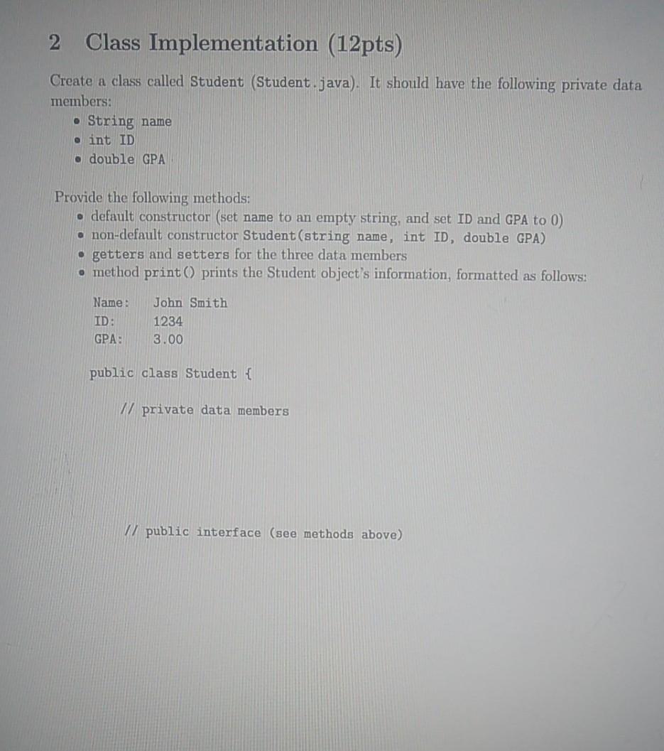 Solved 2 Class Implementation (12pts) Create a class called | Chegg.com