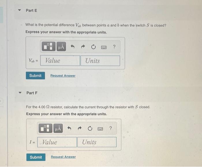 What is the potential difference \( V_{a b} \) between points \( a \) and \( b \) when the switch \( S \) is closed? Express 