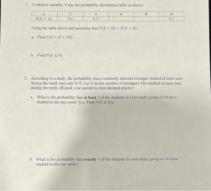 Solved 1. A random variable, X has the probability | Chegg.com