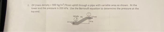 Oil (mass density \( =900 \mathrm{Kg} / \mathrm{m}^{3} \) ) flows uphill through a pipe with variable area as shown. At the l