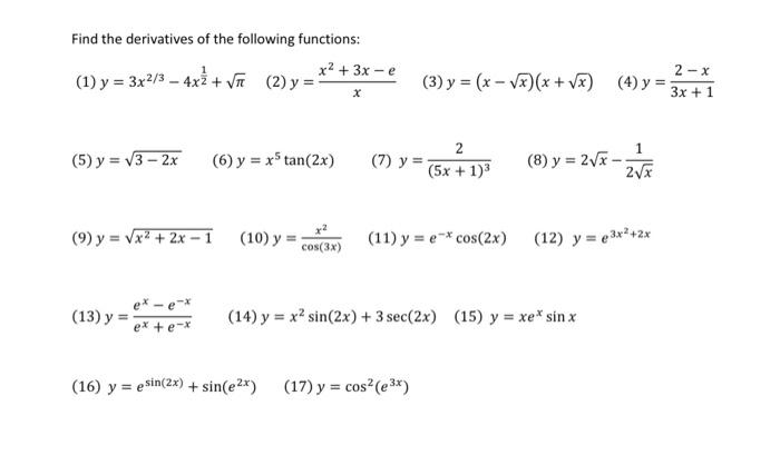 Find the derivatives of the following functions: (1) \( y=3 x^{2 / 3}-4 x^{\frac{1}{2}}+\sqrt{\pi} \) (2) \( y=\frac{x^{2}+3