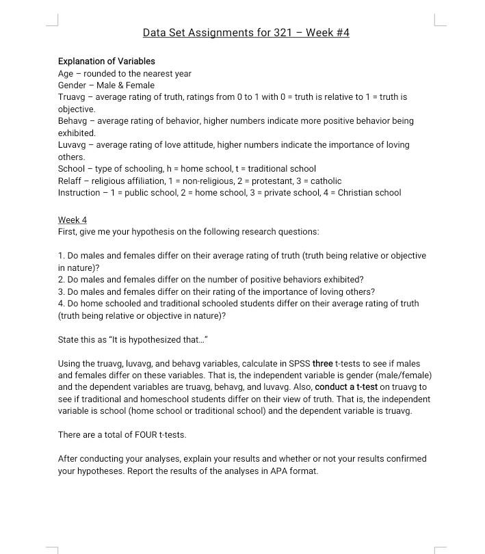 Solved L Data Set Assignments for 321 - Week #4 Explanation | Chegg.com